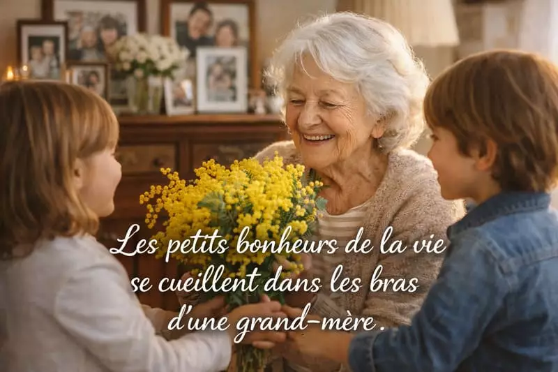 Fête des grands-mères — mamie reçoit des fleurs de ses petits-enfants