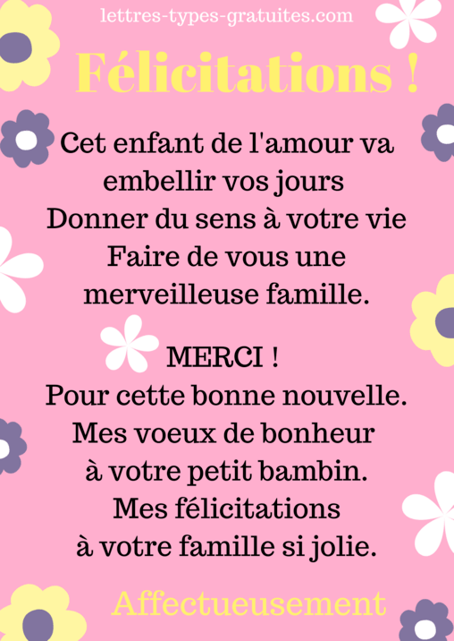 Réponse faire part de naissance - Texte remerciements Carte Félicitations  Poème