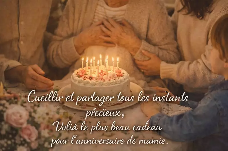 Joyeux anniversaire mamie — gâteau et famille réunie pour célébrer