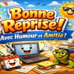 Image colorée et humoristique de reprise du travail avec personnages joyeux, café, ordinateur et message “Bonne Reprise ! Avec humour et amitié”, ambiance positive et motivante de rentrée