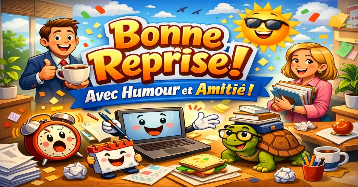 Image colorée et humoristique de reprise du travail avec personnages joyeux, café, ordinateur et message “Bonne Reprise ! Avec humour et amitié”, ambiance positive et motivante de rentrée