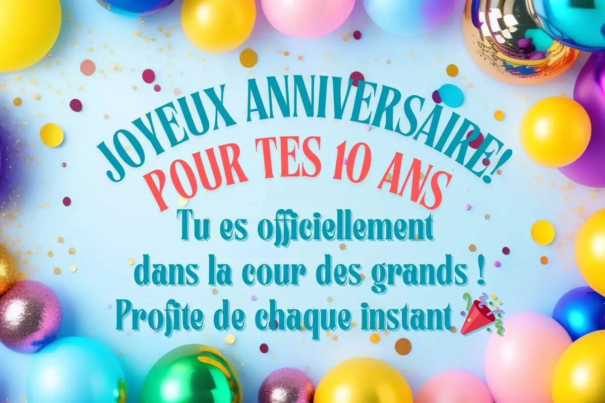 Carte joyeux anniversaire 10 ans colorée pour enfant avec ballons et message touchant