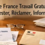 Personne rédigeant une lettre de contestation France Travail sur un bureau avec des documents officiels