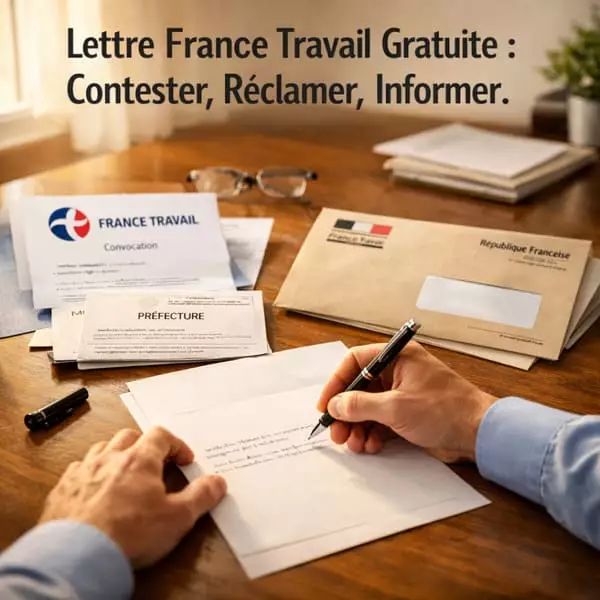 Lettre de contestation radiation France Travail — modèle gratuit Personne rédigeant une lettre de contestation France Travail sur un bureau avec des documents officiels