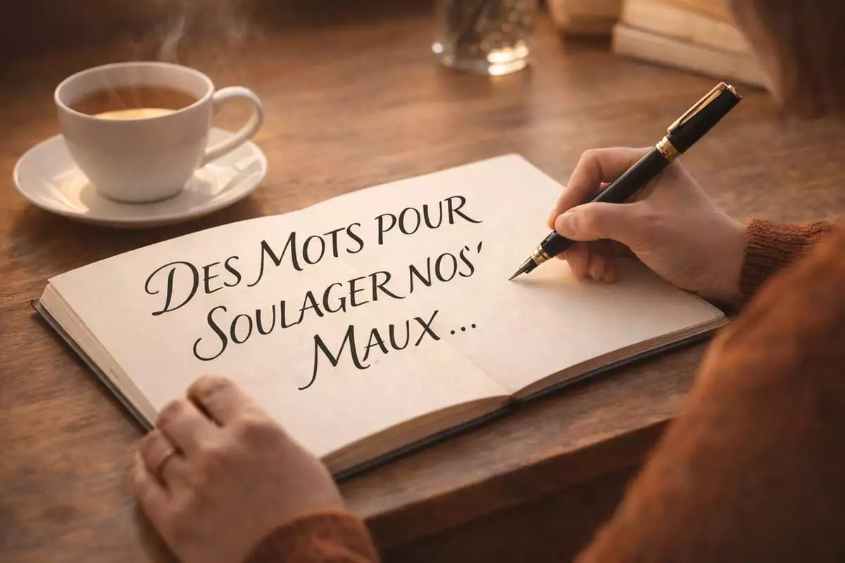 Personne assise à un bureau en bois écrivant une lettre avec concentration pour demander pardon avec des mots d'excuses touchants et sincères.