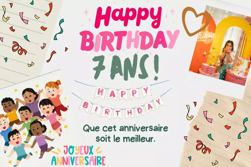 Anniversaire 7 ans école enfants groupe amis fête copains ballons