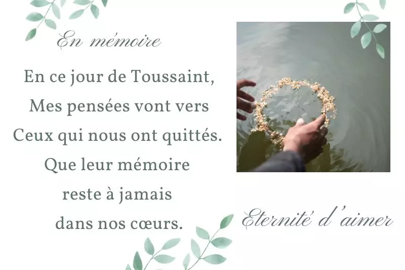 Belle carte d'une personne écrivant unmessage de condoléances sur carte Toussaint avec fleurs et mots touchants à partager