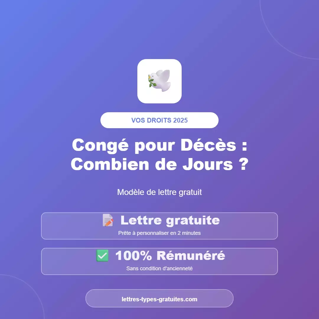 Infographie congé décès 2025 - Nombre de jours selon lien de parenté, congé 100% rémunéré, lettre gratuite à télécharger