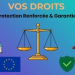 Droits et garanties légales consommateurs avec balance justice et Code de la consommation français européen