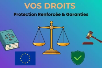 Droits et garanties légales consommateurs avec balance justice et Code de la consommation français européen