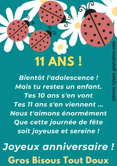 Jolie carte d'anniversaire pour les 11 ans d'un enfant a imprimer gratuitement à offrir à une fille à un garçon (fils, copain, copine, neveu ou une nièce)
