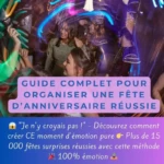 Femme surprise et émue lors de sa fête d'anniversaire surprise entourée de ses proches avec ballons et décoration festive Femme surprise et émue lors de sa fête d'anniversaire surprise entourée de ses proches avec ballons et décoration festive