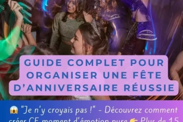 Femme surprise et émue lors de sa fête d'anniversaire surprise entourée de ses proches avec ballons et décoration festive