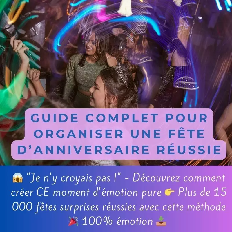 Femme surprise et émue lors de sa fête d'anniversaire surprise entourée de ses proches avec ballons et décoration festive