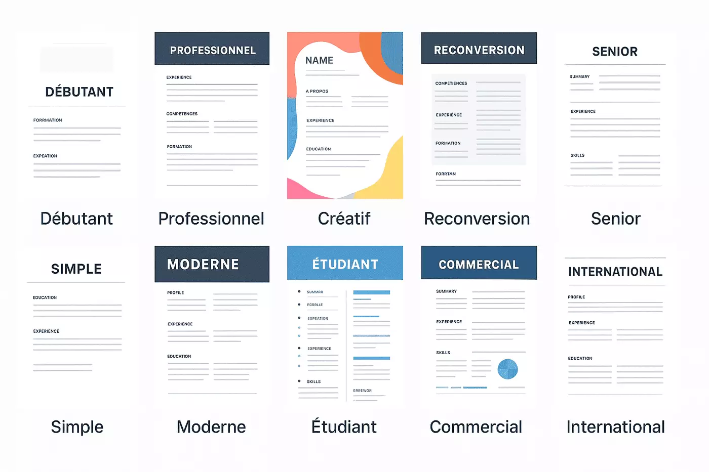 Aperçu des 10 modèles de CV 2025 gratuits : débutant, professionnel, créatif, reconversion, senior, simple, moderne, étudiant, commercial, international