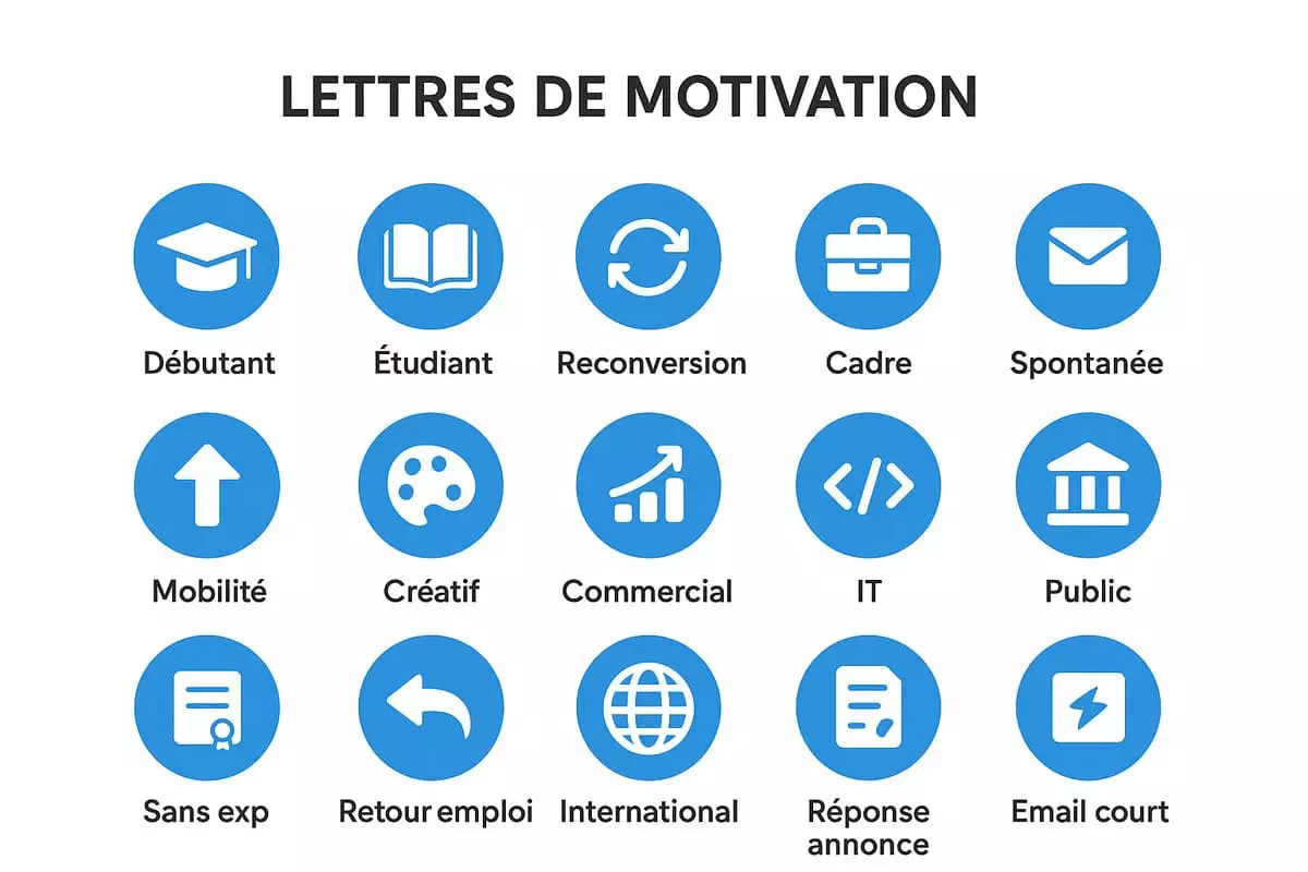 Grid visuel des 15 modèles de lettre de motivation adaptés à chaque situation : débutant, reconversion, cadre, commercial, IT