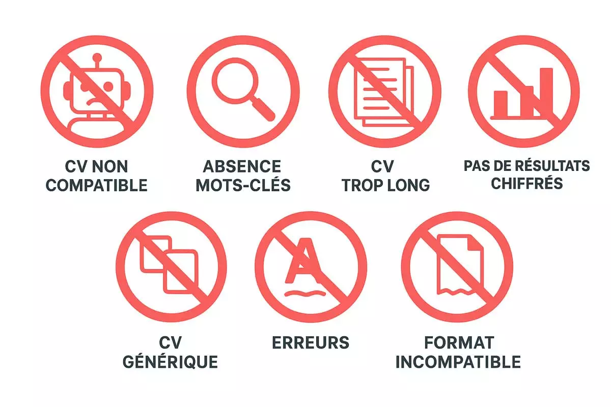 Infographie des 7 erreurs fatales à éviter sur un CV en 2026 : ATS, mots-clés, longueur, résultats, personnalisation, fautes, format
