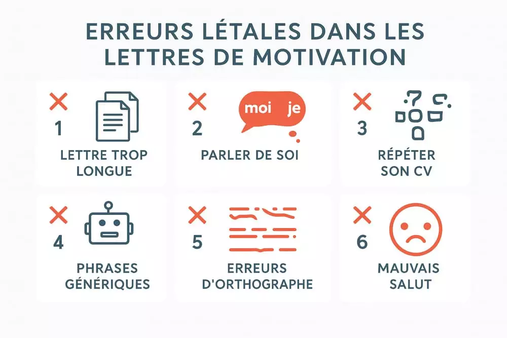 Infographie des 7 erreurs qui tuent votre candidature : lettre trop longue, fautes d'orthographe, répétition du CV, formules bateau