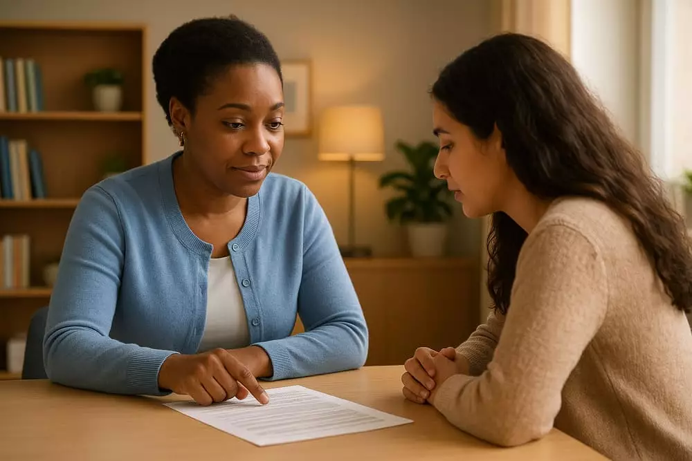Assistant social accompagnant une personne dans ses démarches de recours CAF, atmosphère chaleureuse et professionnell