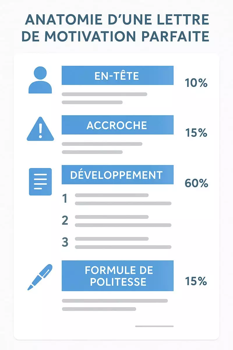 Infographie montrant la structure optimale d'une lettre de motivation en 2026 avec les 4 sections essentielles