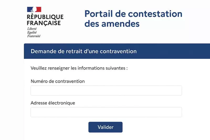 Interface du site ANTAI pour contester une amende en ligne