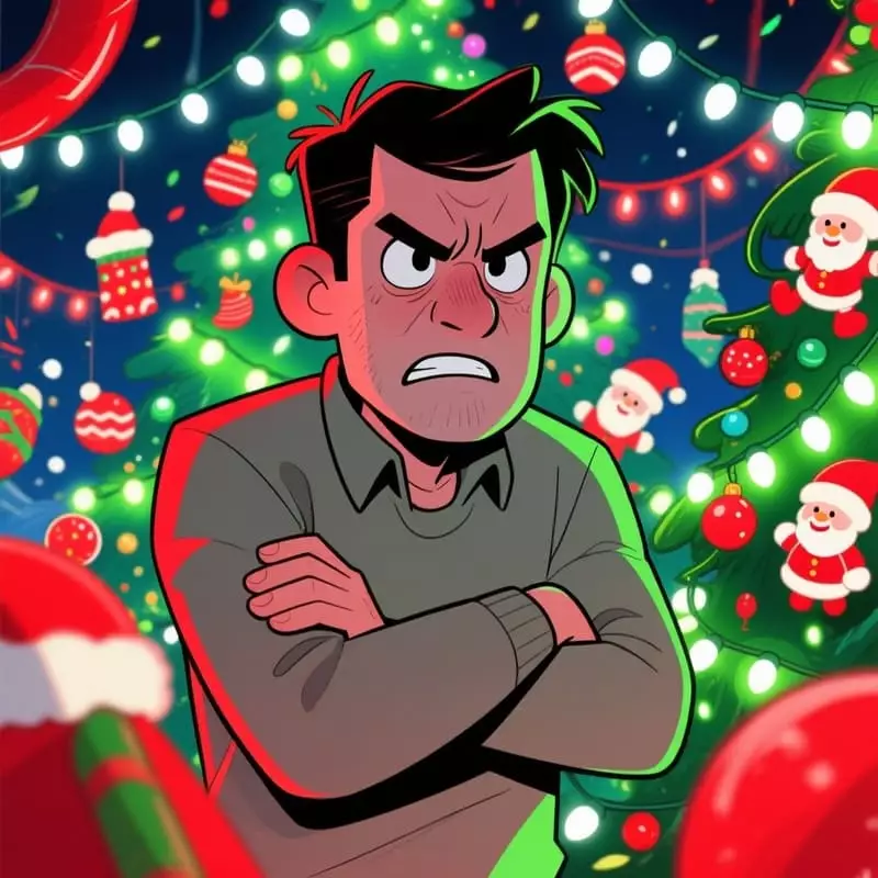 Personne grincheuse et agacée par décorations Noël avec expression blasée