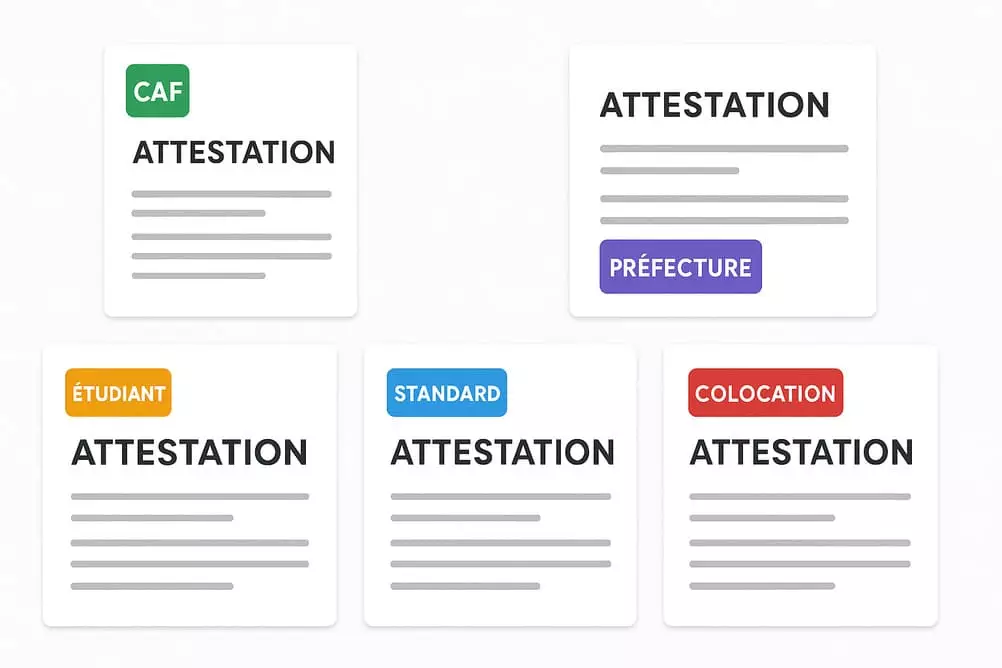 Cinq modèles d'attestation d'hébergement : CAF, Préfecture, Étudiant CROUS, Standard pour toutes démarches
