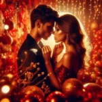 Couple passionné se regardant intensément dans les yeux, moment intime, décor festif du Nouvel An, tons rouge passion et or