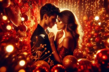 Couple passionné se regardant intensément dans les yeux, moment intime, décor festif du Nouvel An, tons rouge passion et or