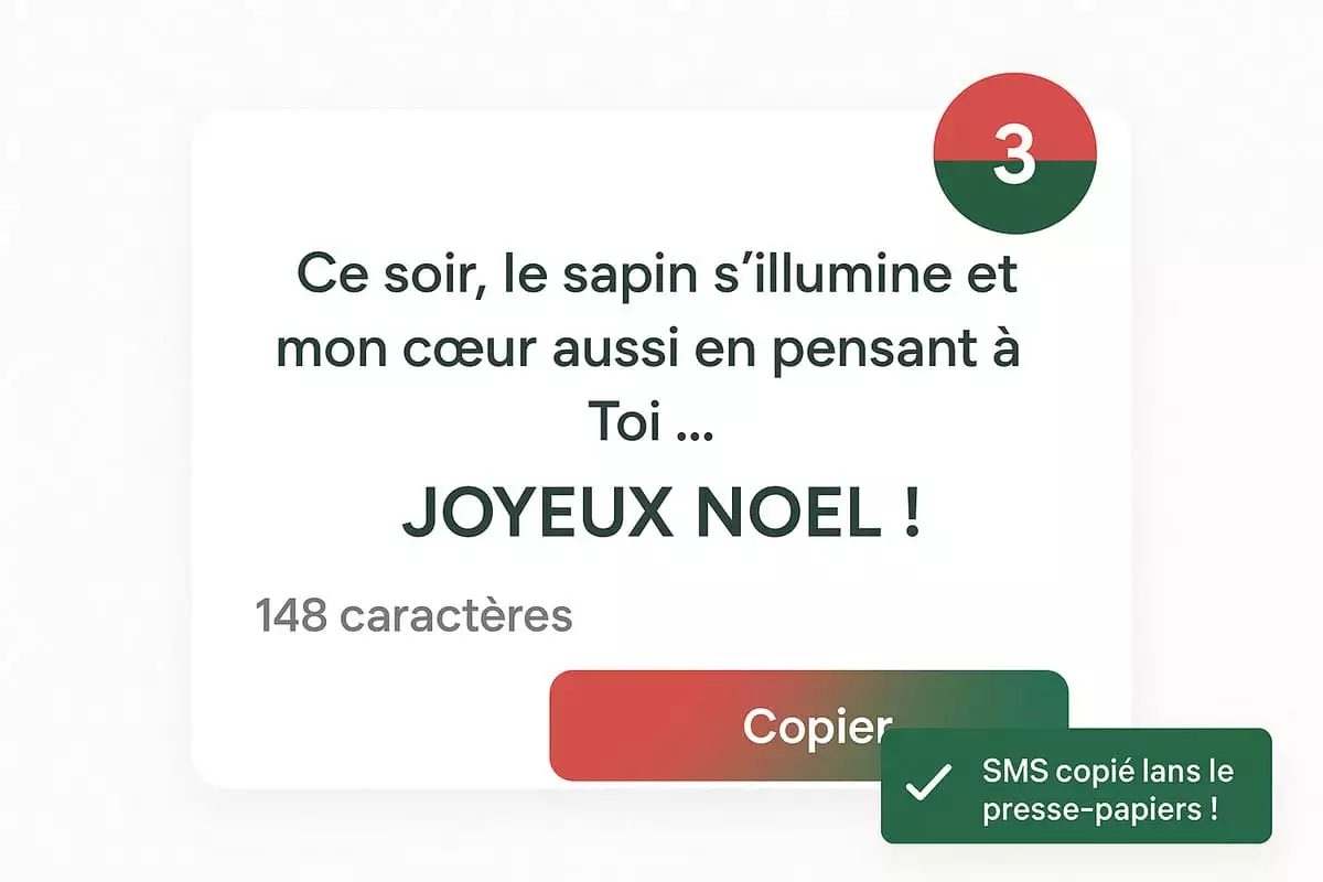 nterface montrant le bouton copier sur un SMS de Noël avec compteur de caractères et notification de copie réussie