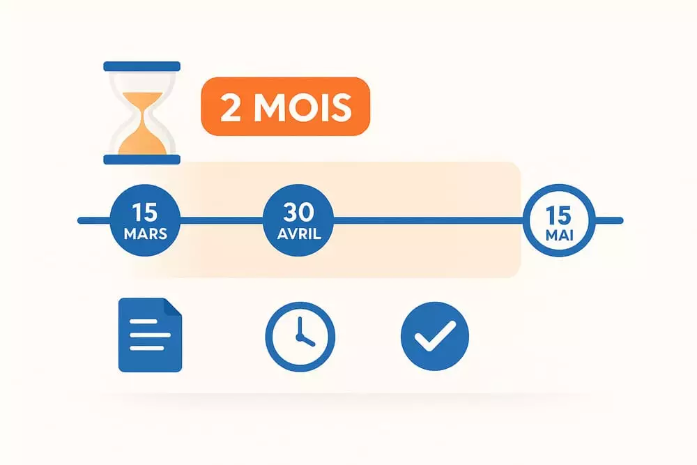Calendrier illustrant les délais de recours CAF avec timeline de 2 mois et échéances importantes marquées