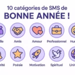 Illustration des 10 catégories de SMS de Bonne Année 2026 : famille, amis, amour, professionnel, humour