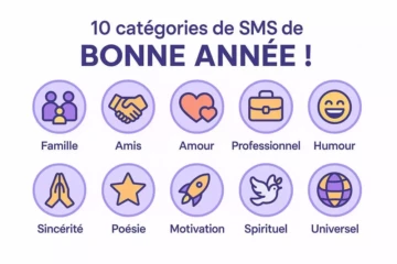 Illustration des 10 catégories de SMS de Bonne Année 2026 : famille, amis, amour, professionnel, humour