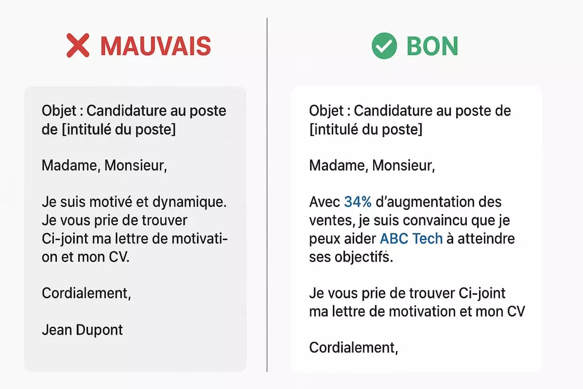Comparaison côte à côte d'une mauvaise lettre générique et d'une bonne lettre personnalisée avec résultats chiffrés