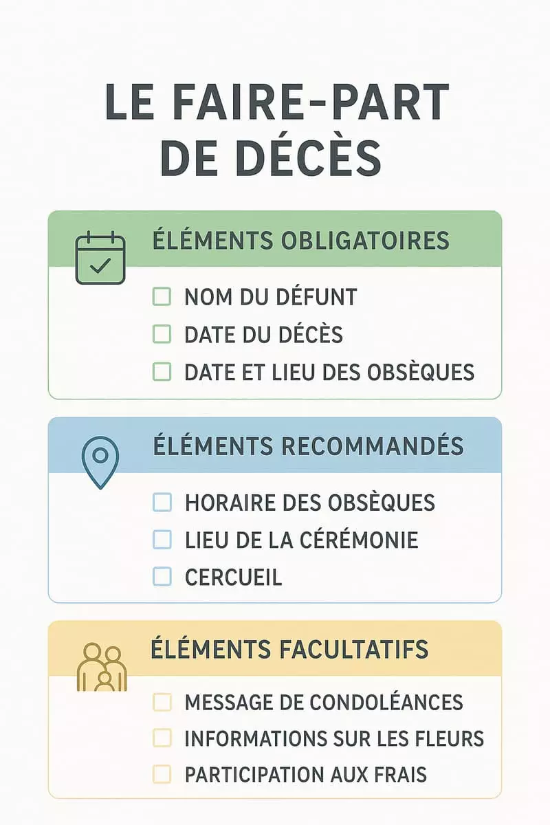 Infographie des éléments obligatoires et facultatifs d'un faire-part de décès