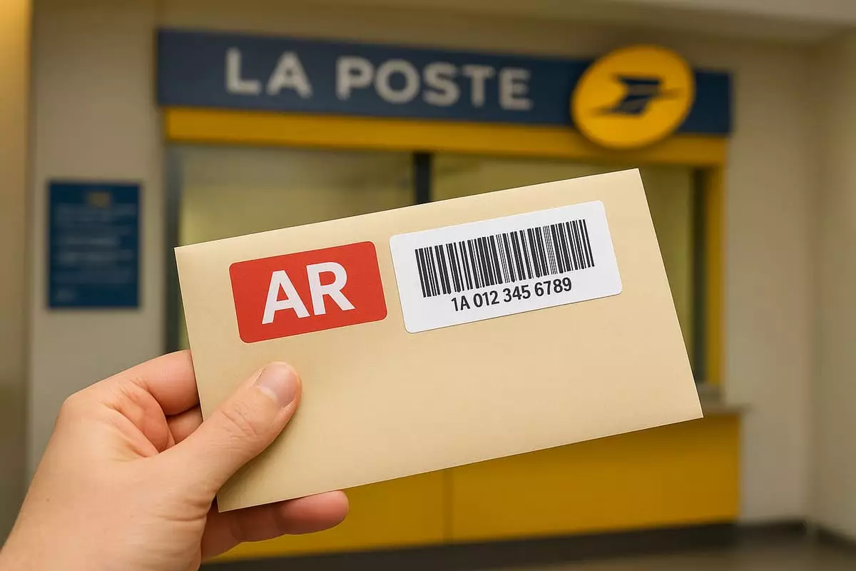Main déposant une lettre recommandée avec accusé de réception à La Poste