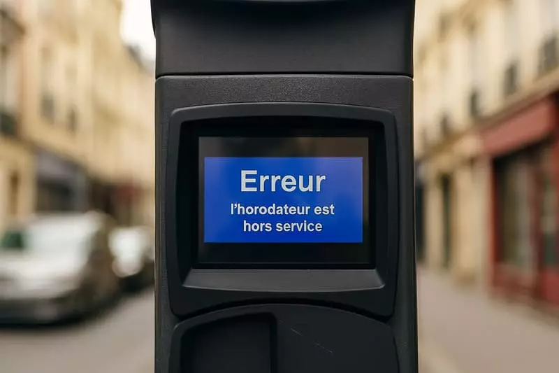 Horodateur de stationnement en panne affichant hors service