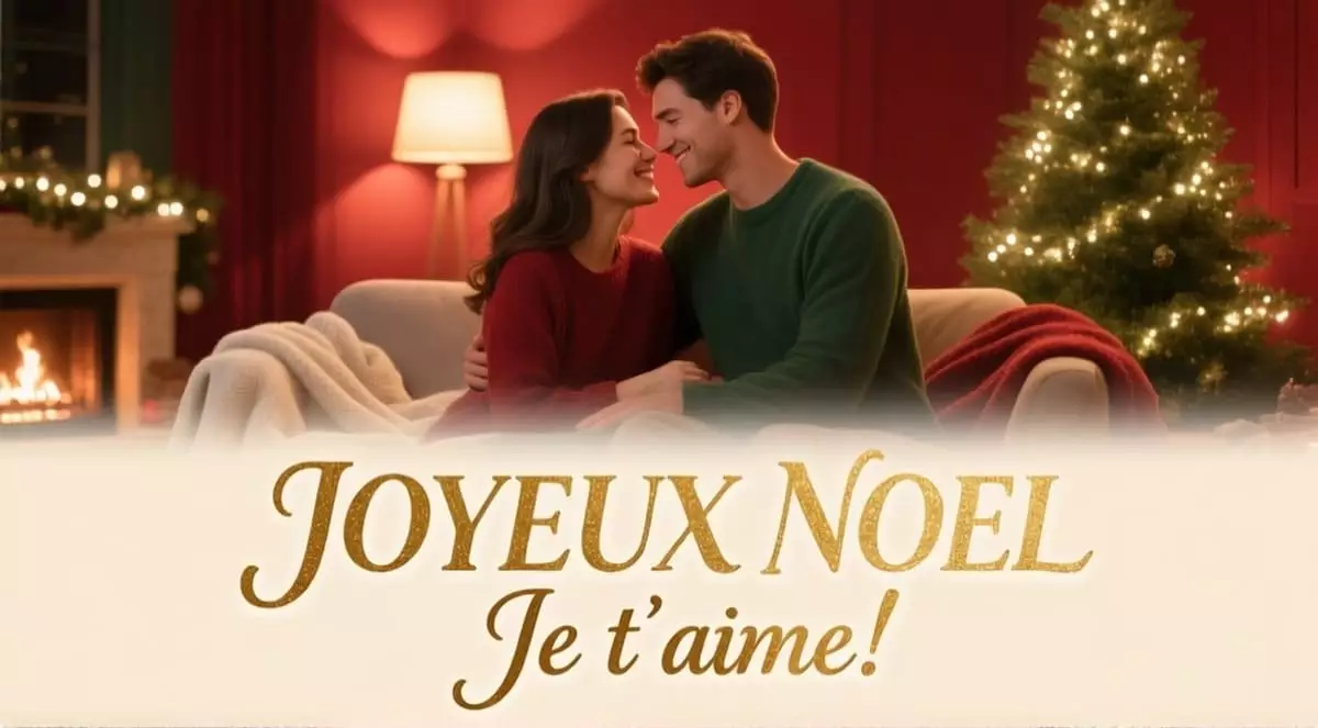 Couple amoureux s'embrassant tendrement devant sapin de Noël illuminé avec cadeaux