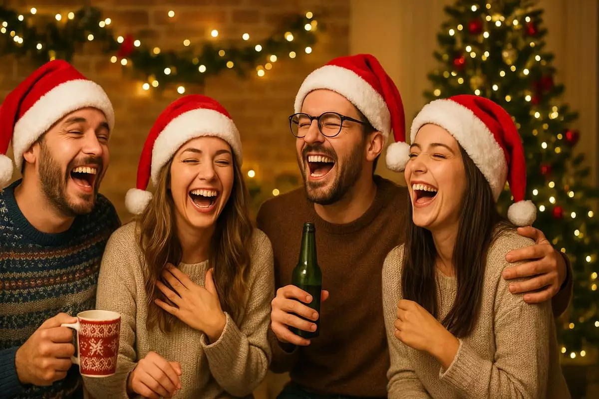 Groupe d'amis riant aux éclats devant sapin de Noël avec décorations amusantes