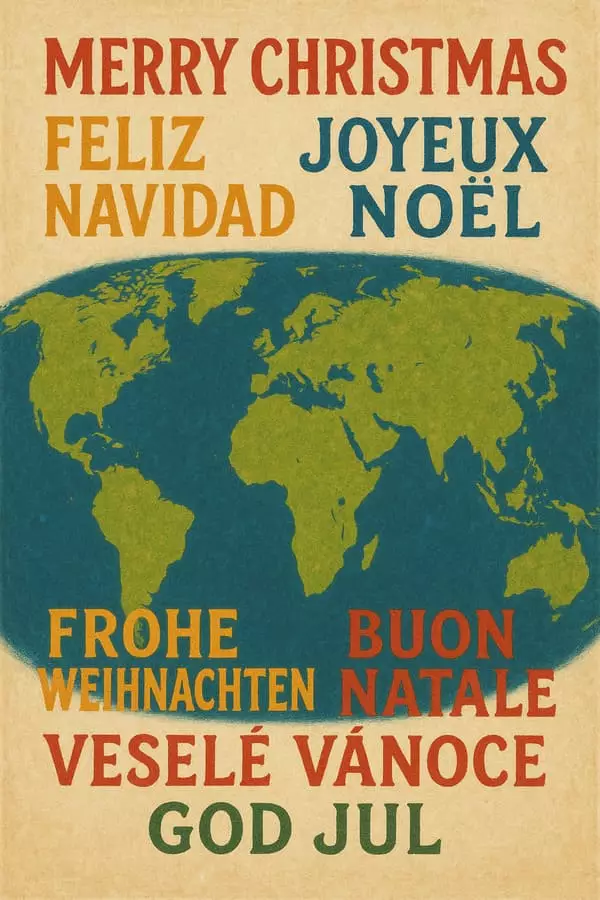 Mappemonde artistique avec drapeaux et textes joyeux Noël en plusieurs langues