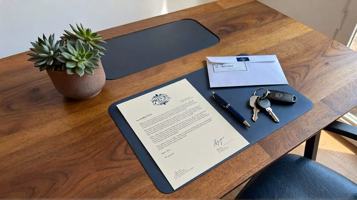 Lettre de préavis de location avec clés de logement et stylo sur bureau