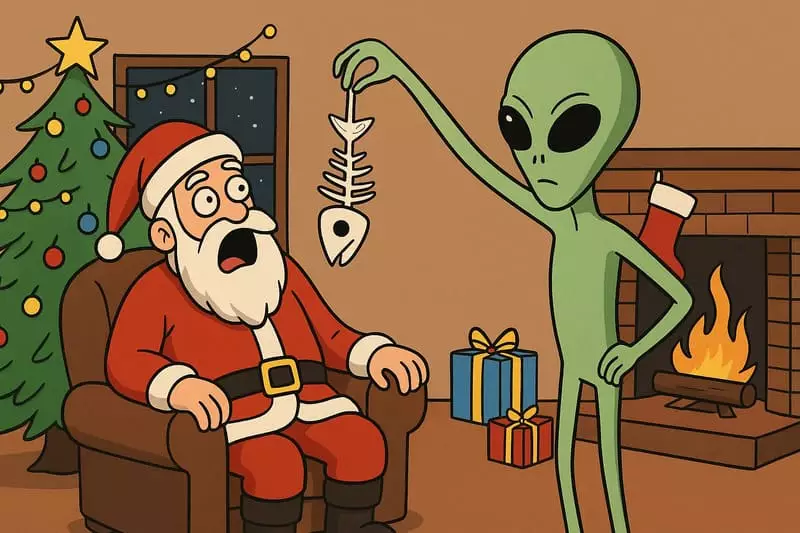 Scène absurde et décalée de Noël avec éléments incongrus et humour surréaliste