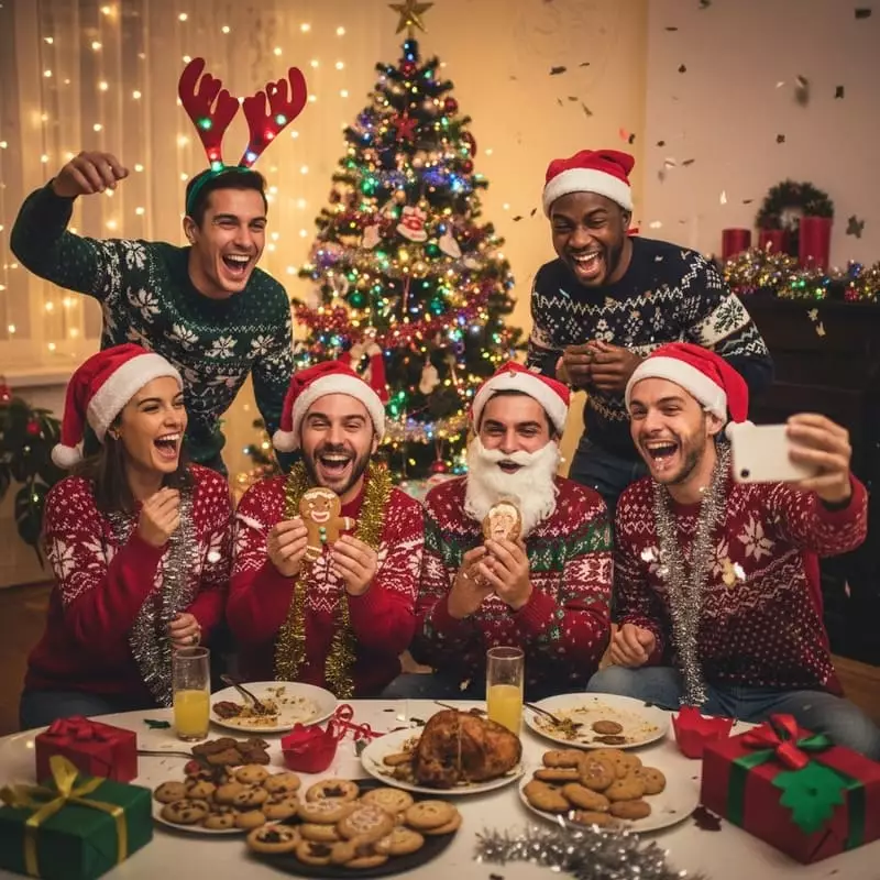 Groupe d'amis en mode délire avec grimaces et accessoires Noël décalés