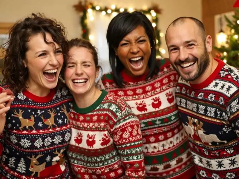 Amis riant aux éclats avec pulls de Noël ridicules et ambiance festive