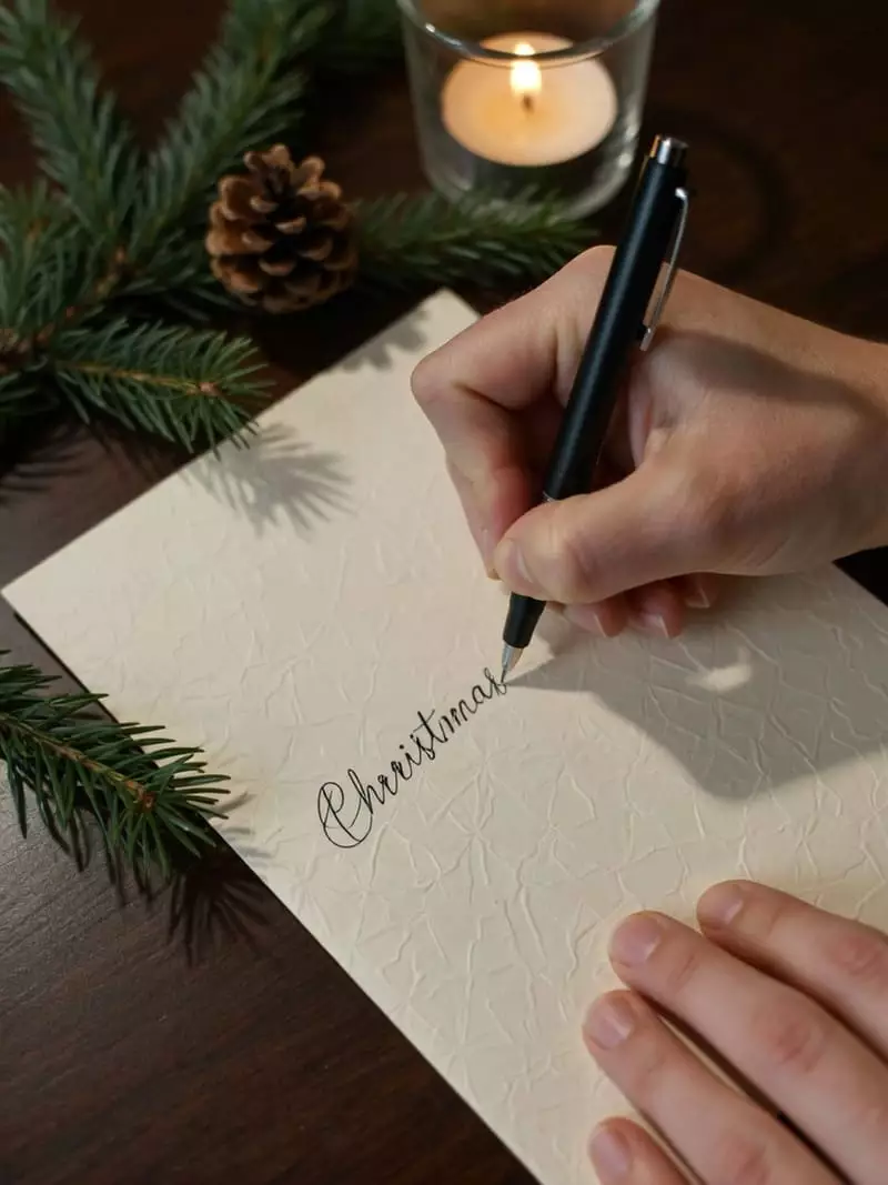 Main écrivant longue lettre d'amour de Noël avec stylo élégant et décoration romantique