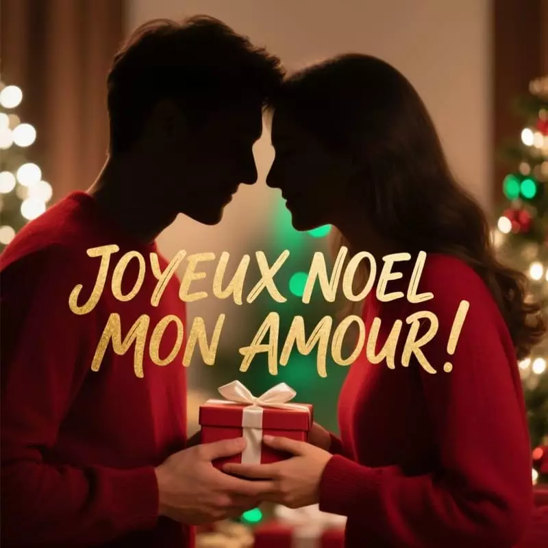 Jeune couple amoureux s'échangeant des cadeaux de Noël avec sourires complices