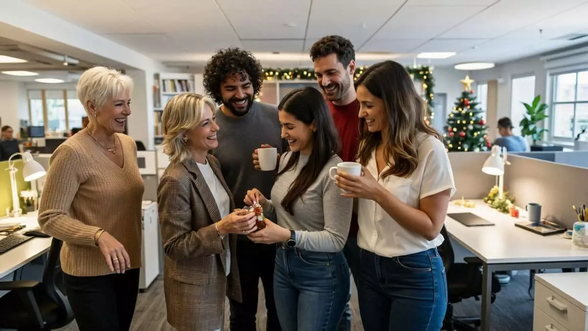 Manager adressant vœux de Noël à son équipe dans salle réunion décorée