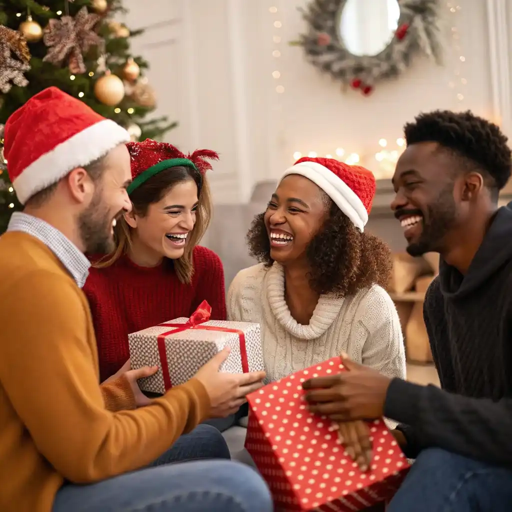 Groupe d'amis diversifié célébrant Noël avec cadeaux et rires collectifs