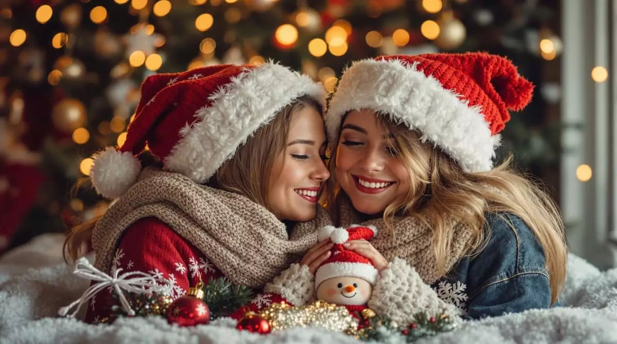 Deux meilleurs amis s'embrassant et riant pendant les fêtes de Noël