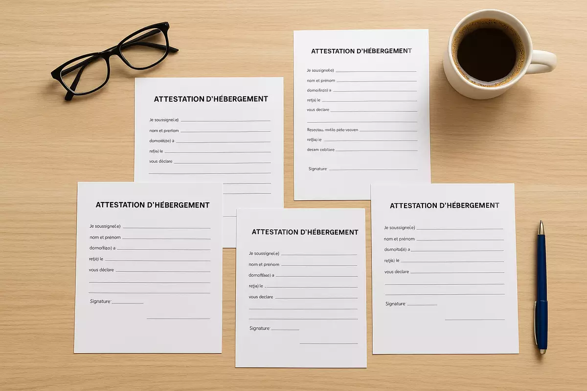 5 modèles d'attestation d'hébergement prêts à l'emploi pour toutes vos démarches administratives: Préfecture - France Travail - CAF - CROUS - Standard et co-location.